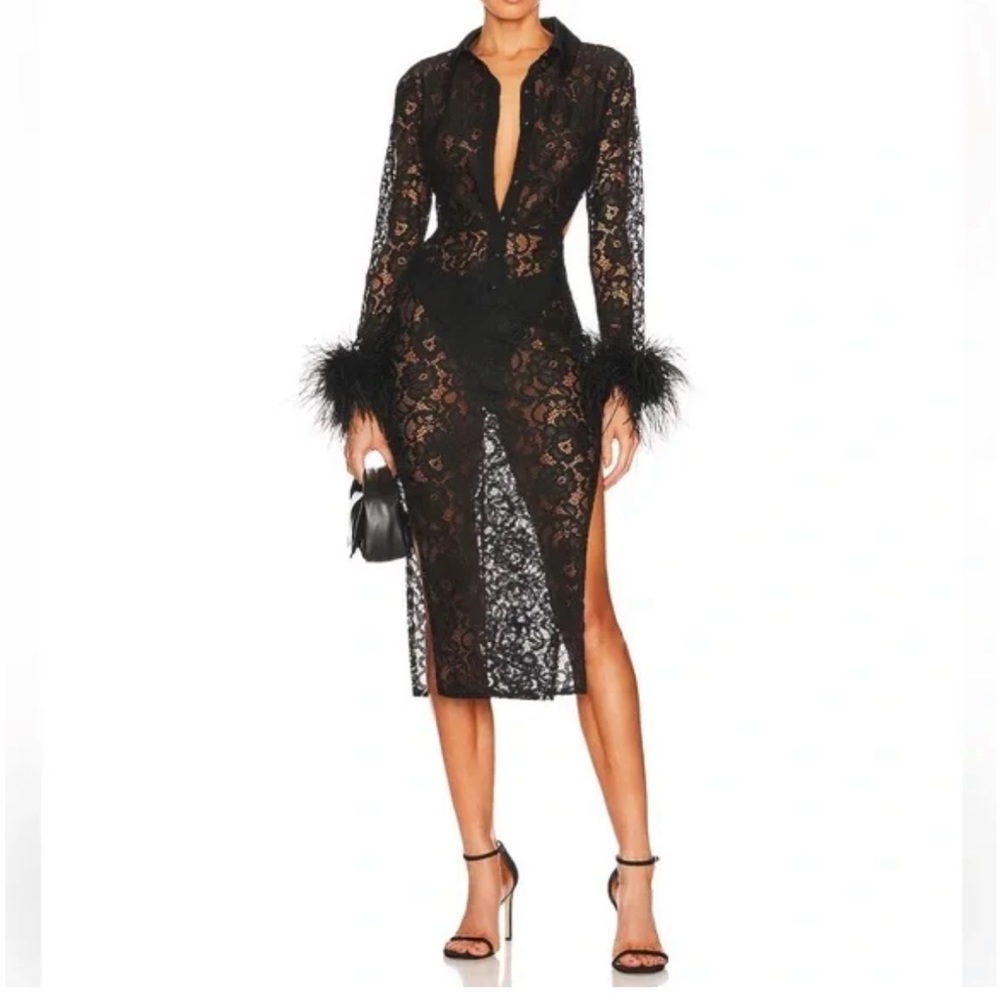 NBD Black Lace Midi Dress with Feather Cuffs
